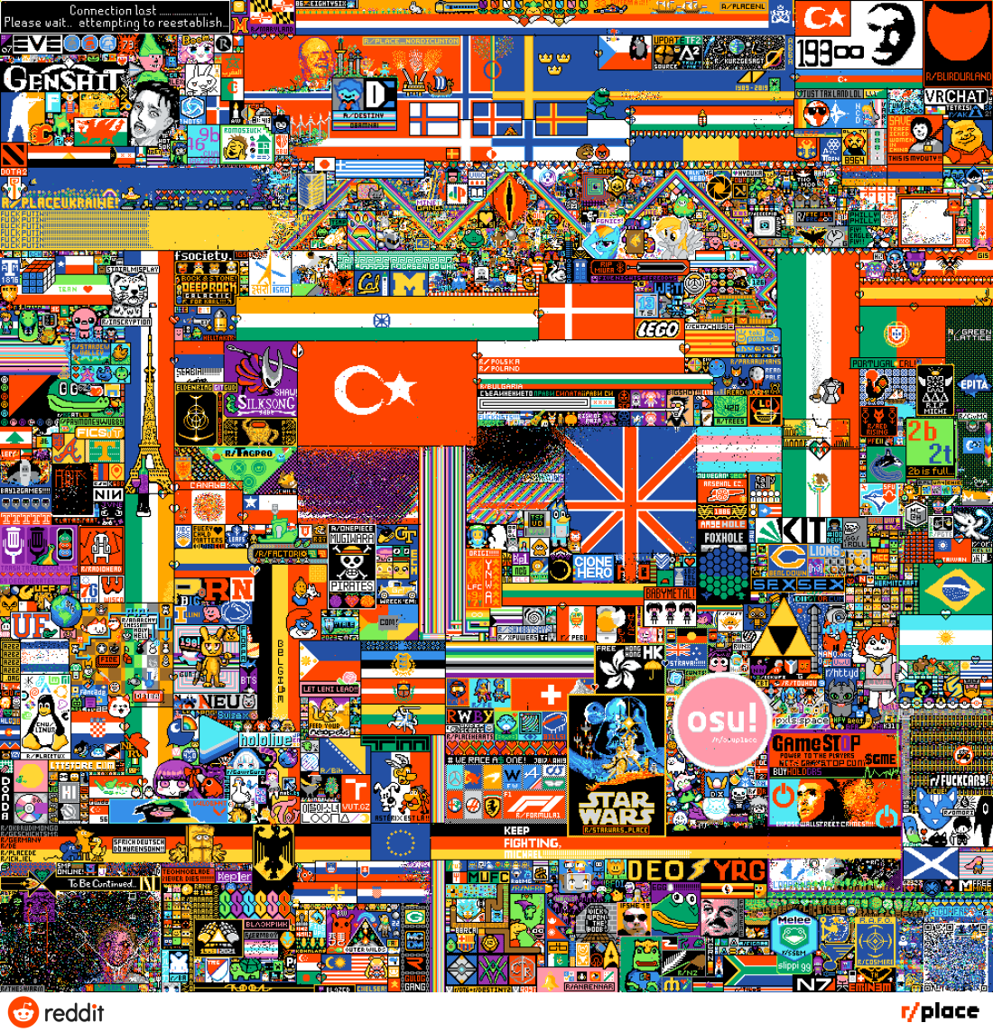 The /r/place canvas as it appeared on 2nd of April